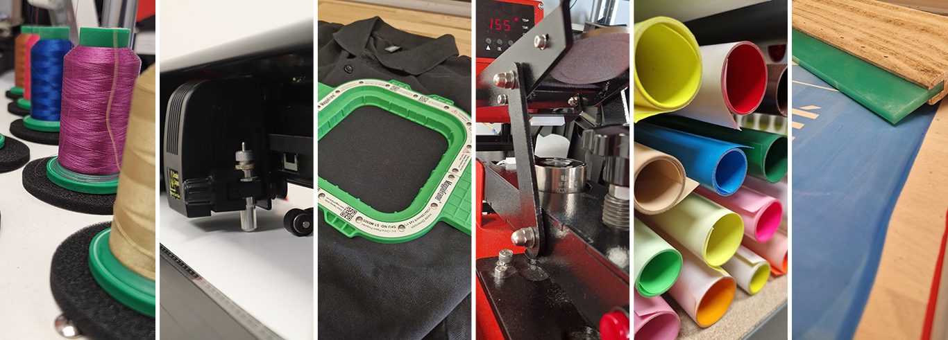 Matériel de personnalisation textile chez Kiwidesign : presse à chaud, plotter de découpe, fils de broderie, flex, cadre de sérigraphie.